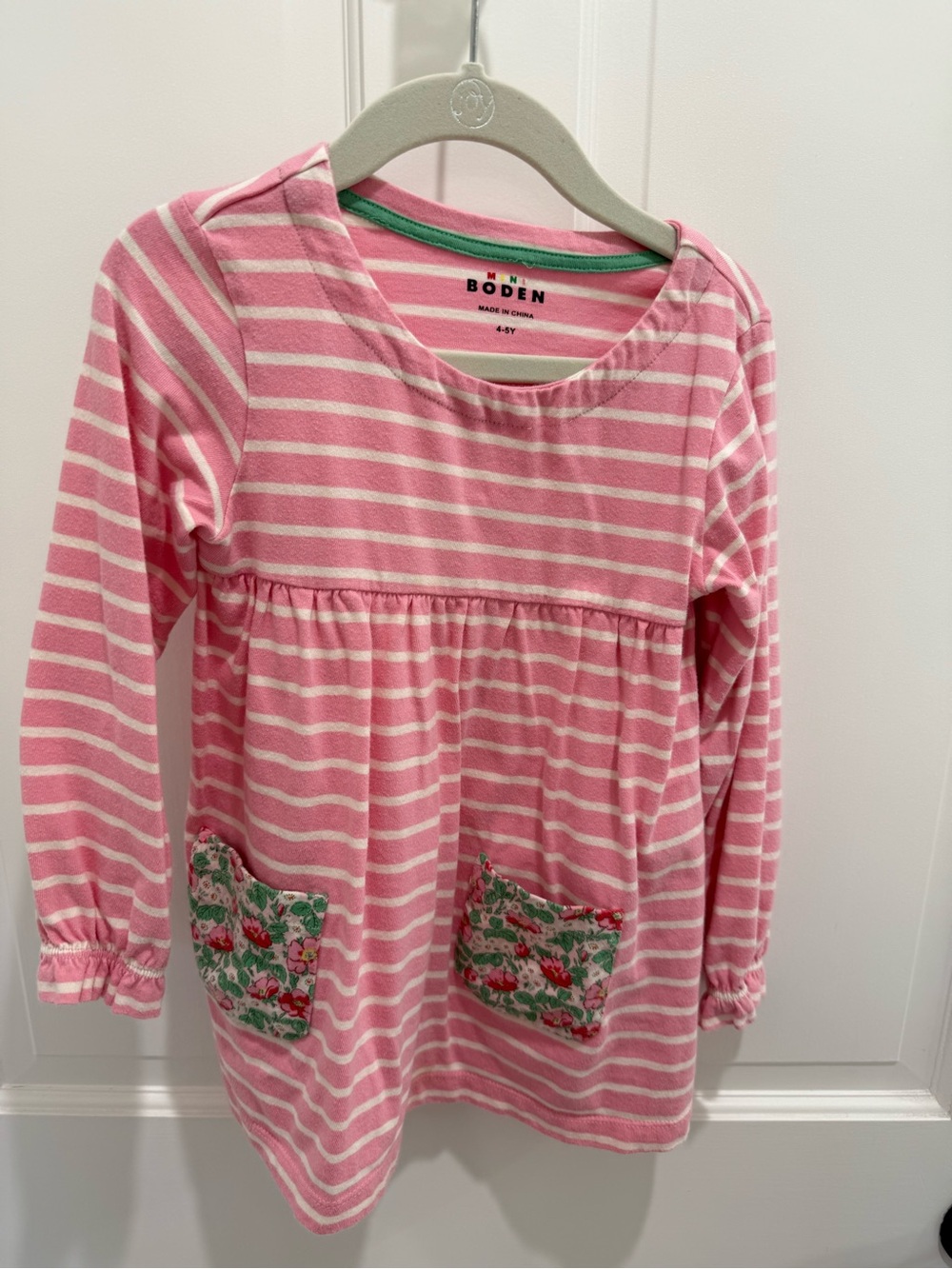 Mini Boden Pink and White Striped Long-Sleeve Pajama Top with Floral Pockets